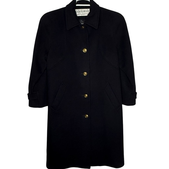 Mackintosh New England Black 100% Wool Long Trench Coat Gold Crest Buttons Sz 8P